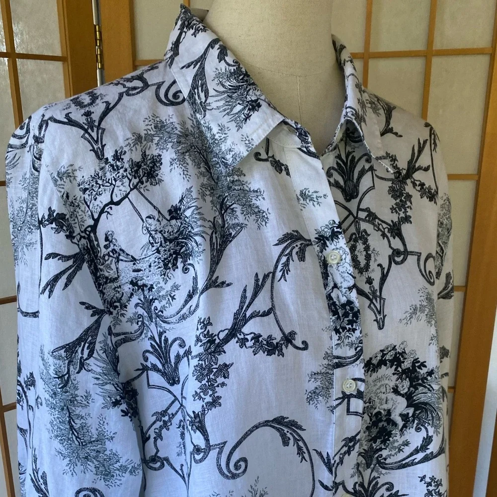 Alice Blue 100% Linen Button Up Print Blouse SZ Xl